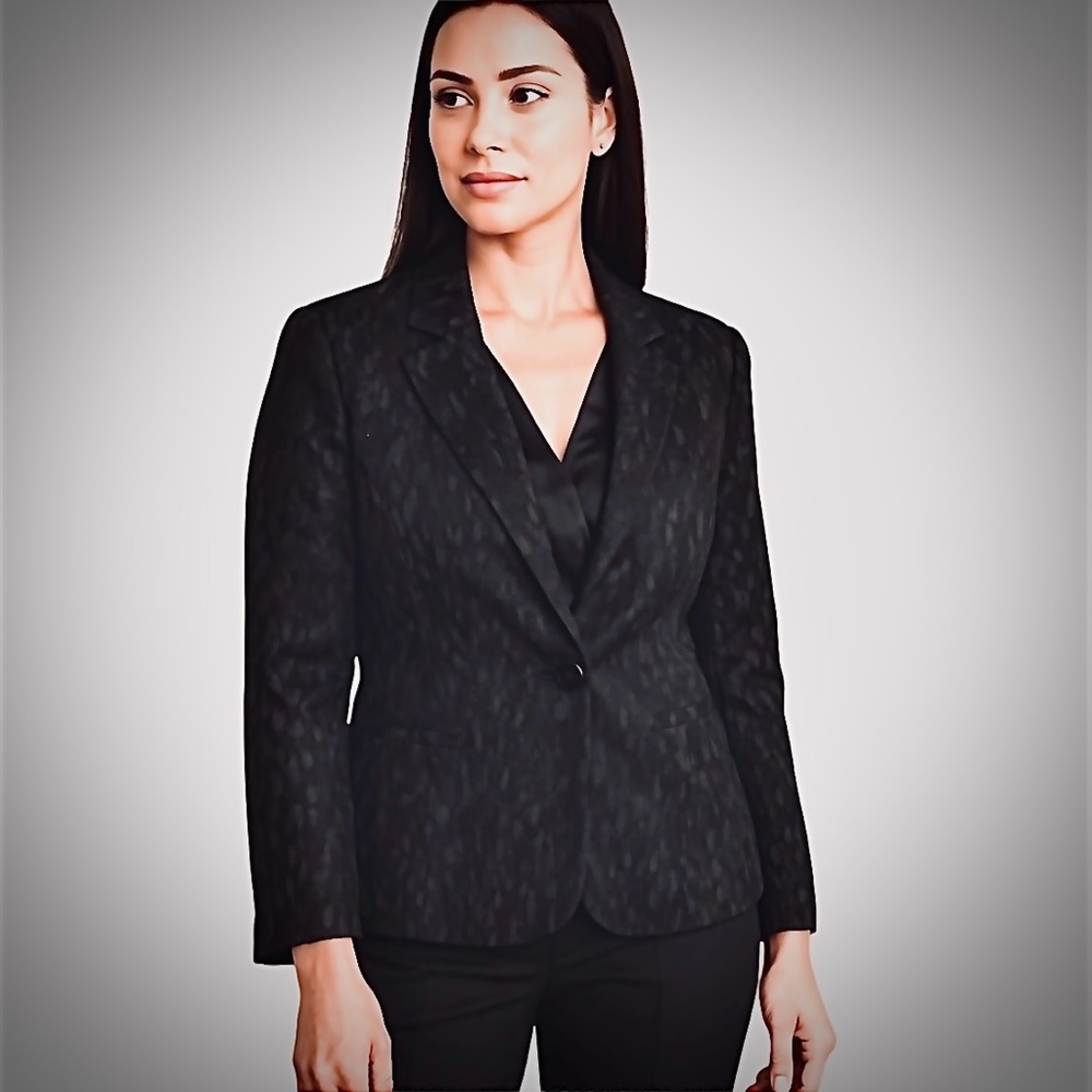 EILEEN FISHER Black Water Lily Jacquard Texture Chenille Silk Blend Blazer